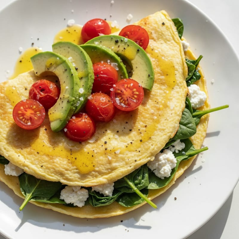 Egg White Spinach Omelette with Cottage Cheese and Cherry Tomatoes