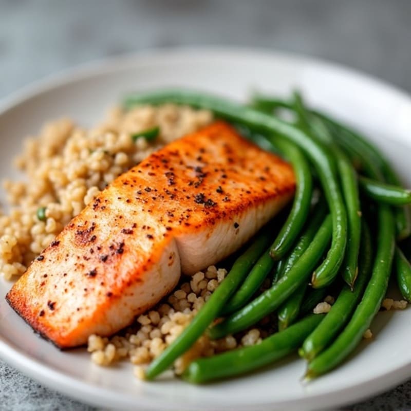 Seared Salmon Fillet with Garlic Green Beans and Brown Rice