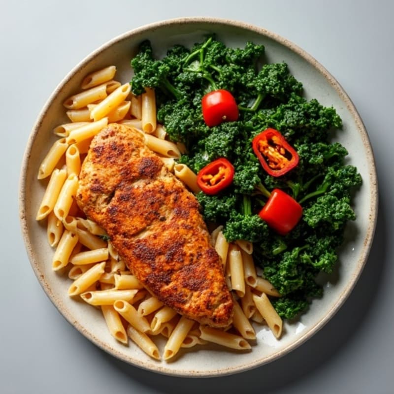 Healthy Spicy Cajun Chicken with Whole Wheat Pasta and Sautéed Greens