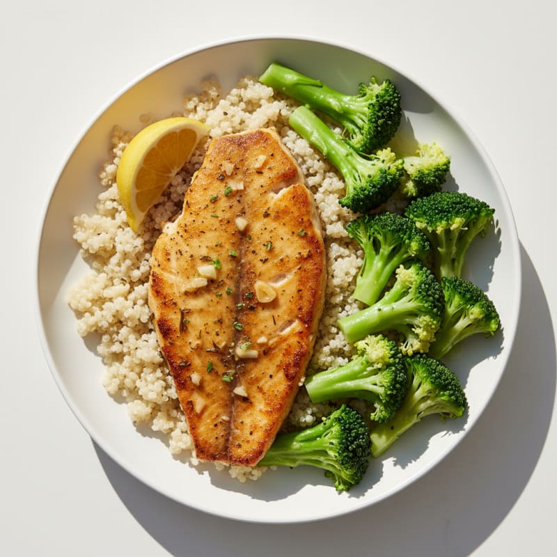 Seared Tilapia with Steamed Broccoli and Quinoa