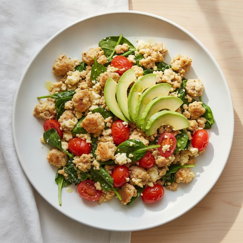 Egg White and Turkey Sausage Scramble with Spinach and Cherry Tomatoes