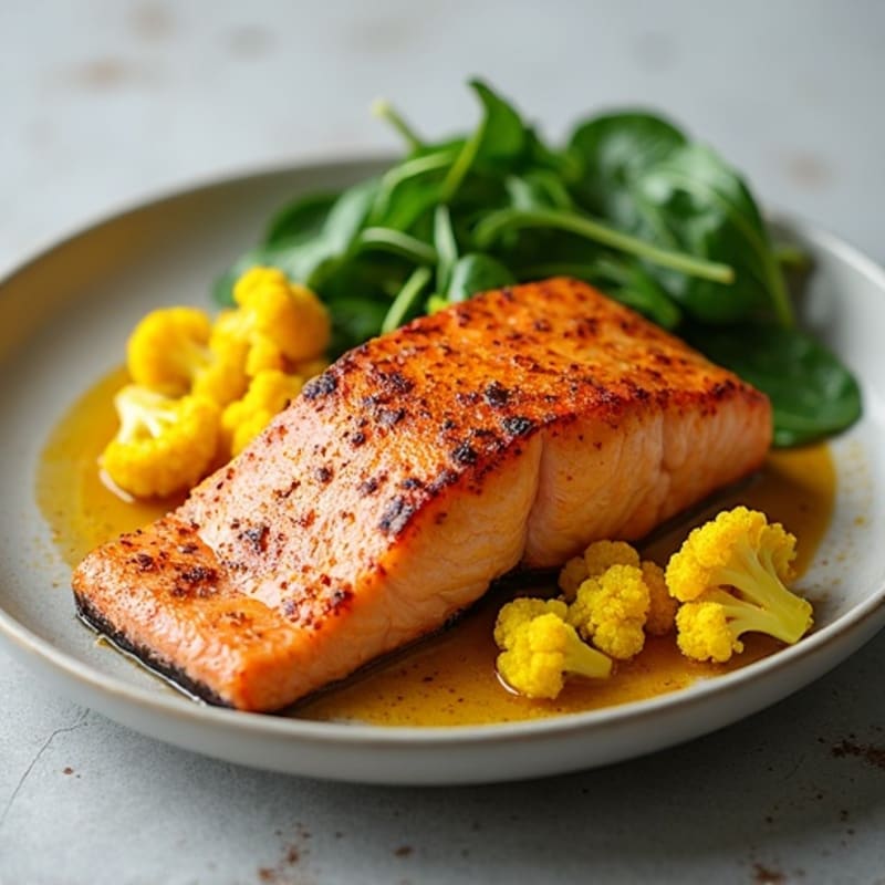 Crispy Pan-Seared Salmon with Roasted Turmeric Cauliflower and Greens