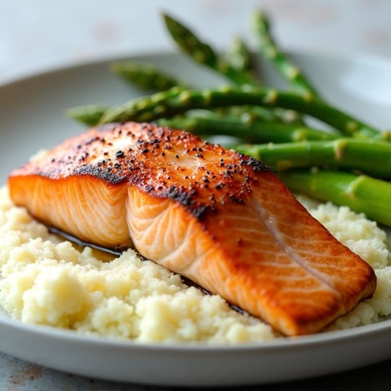 Seared Salmon with Steamed Asparagus and Cauliflower Mash
