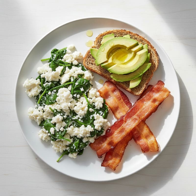 Egg White and Spinach Scramble with Cottage Cheese and Turkey Bacon