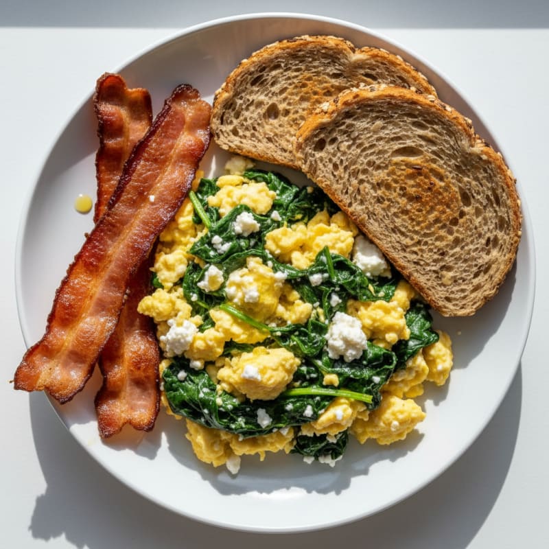 Cottage Cheese Egg Scramble with Spinach and Turkey Bacon