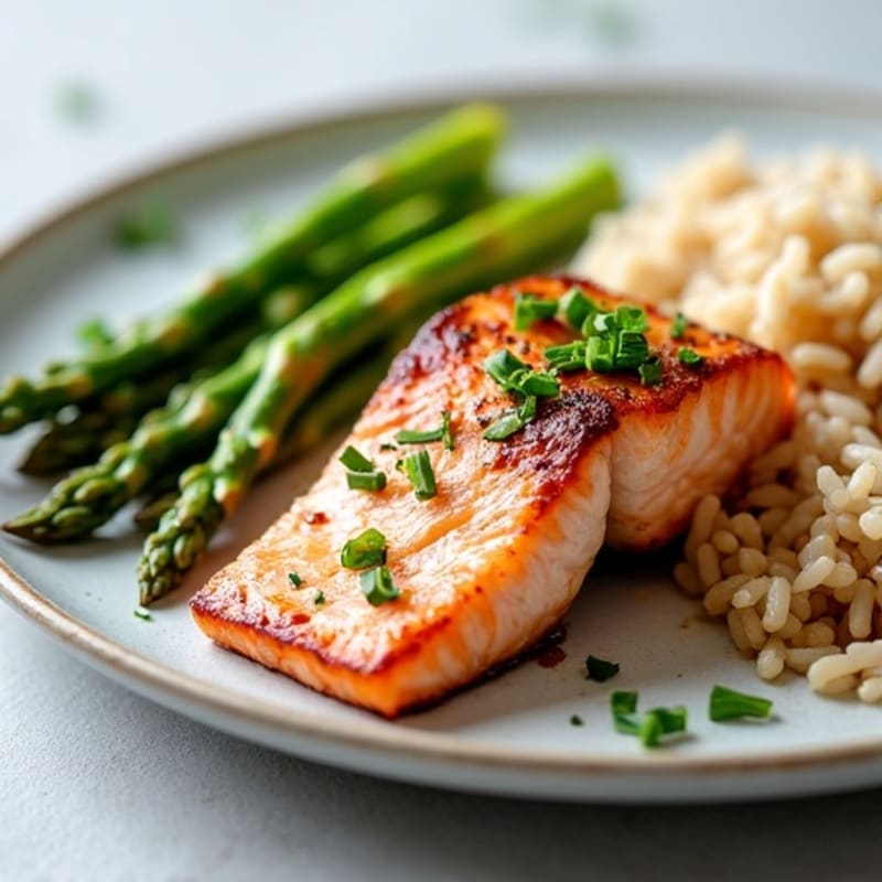 Seared Salmon Fillet with Steamed Asparagus and Brown Rice