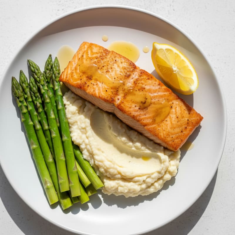Seared Salmon Fillet with Steamed Asparagus and Cauliflower Mash