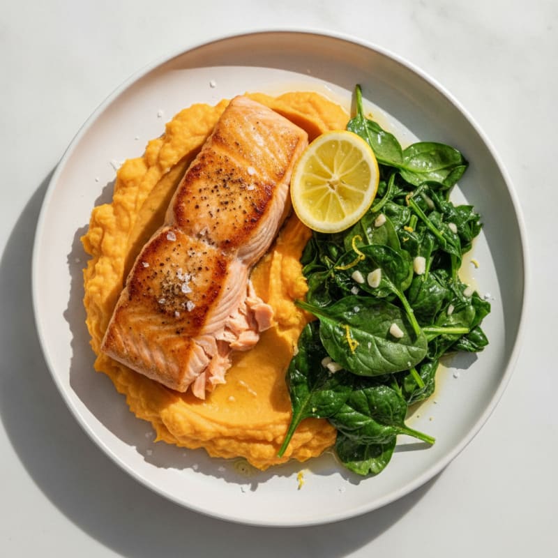 Seared Salmon with Garlic Spinach and Sweet Potato Mash