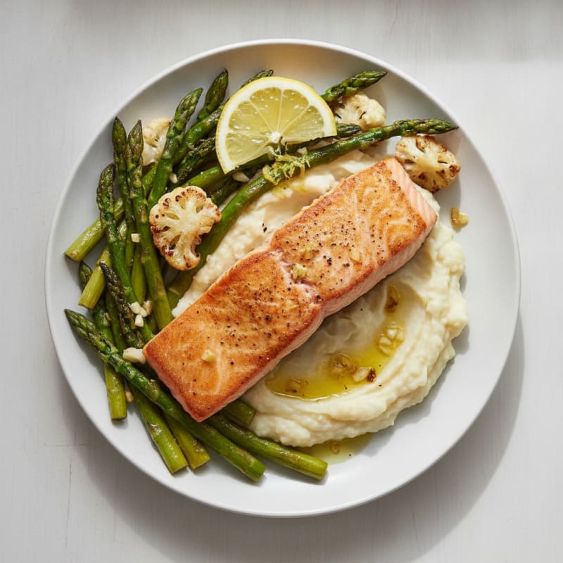 Seared Salmon with Roasted Asparagus and Cauliflower Mash