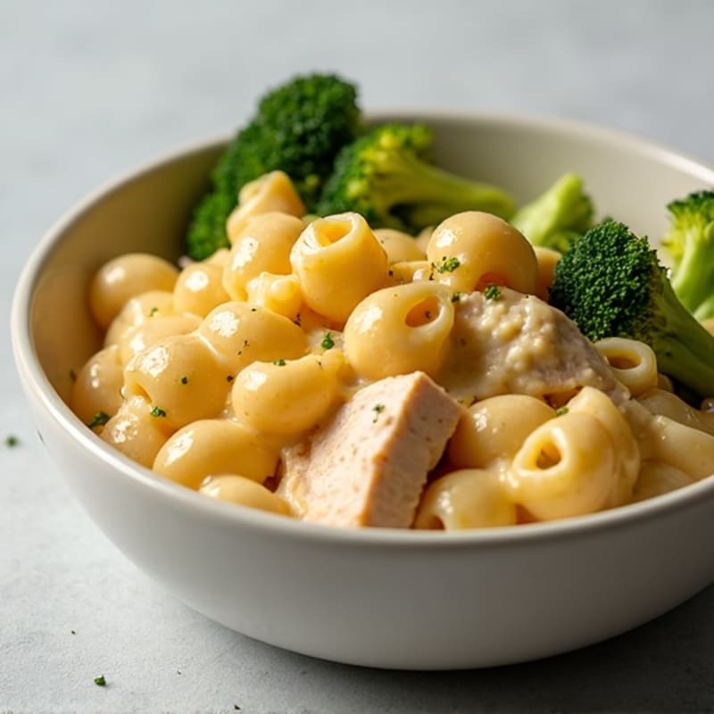 Creamy Baked Mac and Cheese with Chicken and Roasted Broccoli