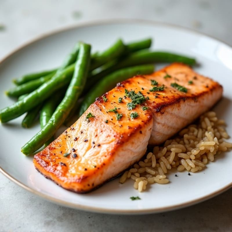 Seared Salmon with Steamed Green Beans and Brown Rice