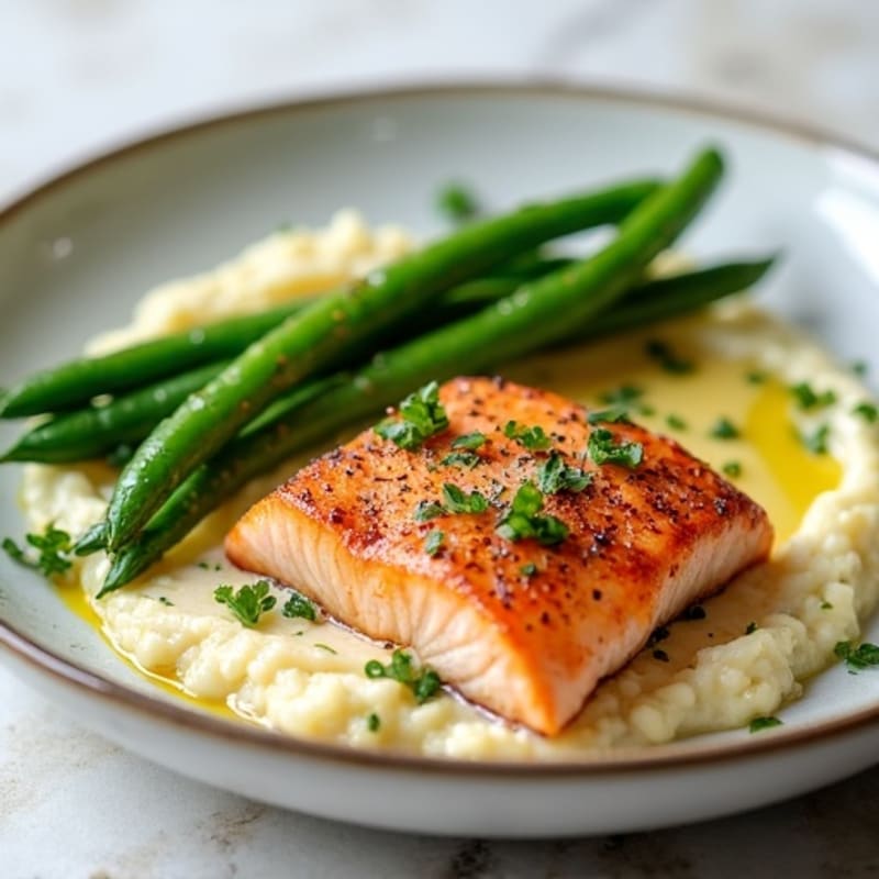Seared Salmon with Garlic Green Beans and Cauliflower Mash