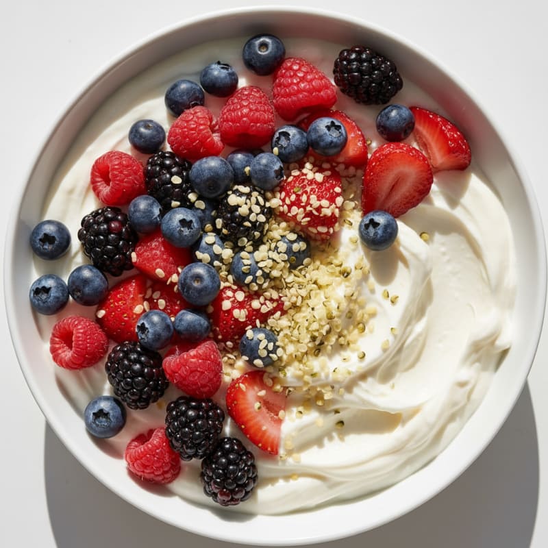 Silky Vanilla Greek Yogurt with Protein Powder and Mixed Berries
