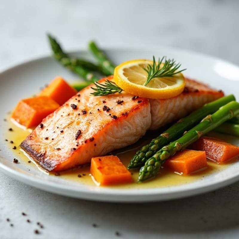 Seared Salmon Fillet with Roasted Sweet Potato and Asparagus