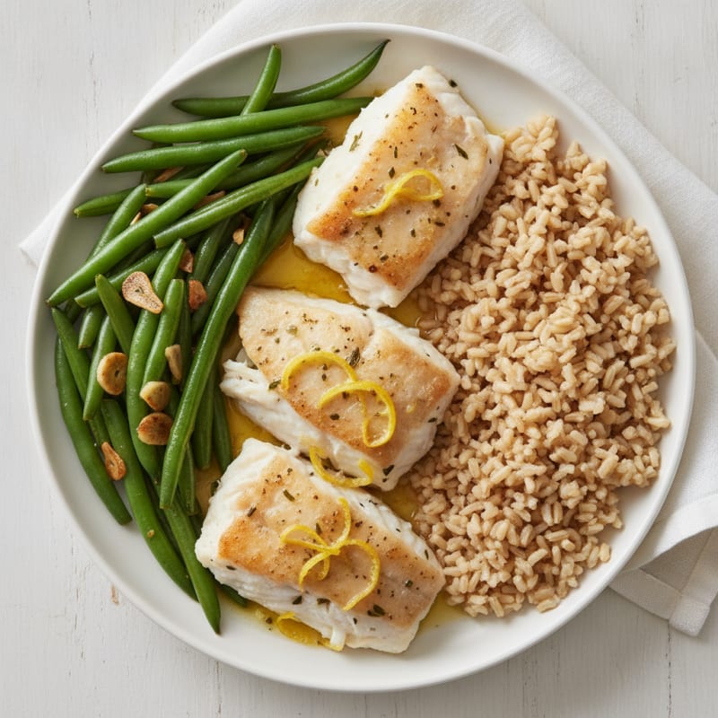Baked Whiting Fish with Lemon Garlic Green Beans and Brown Rice