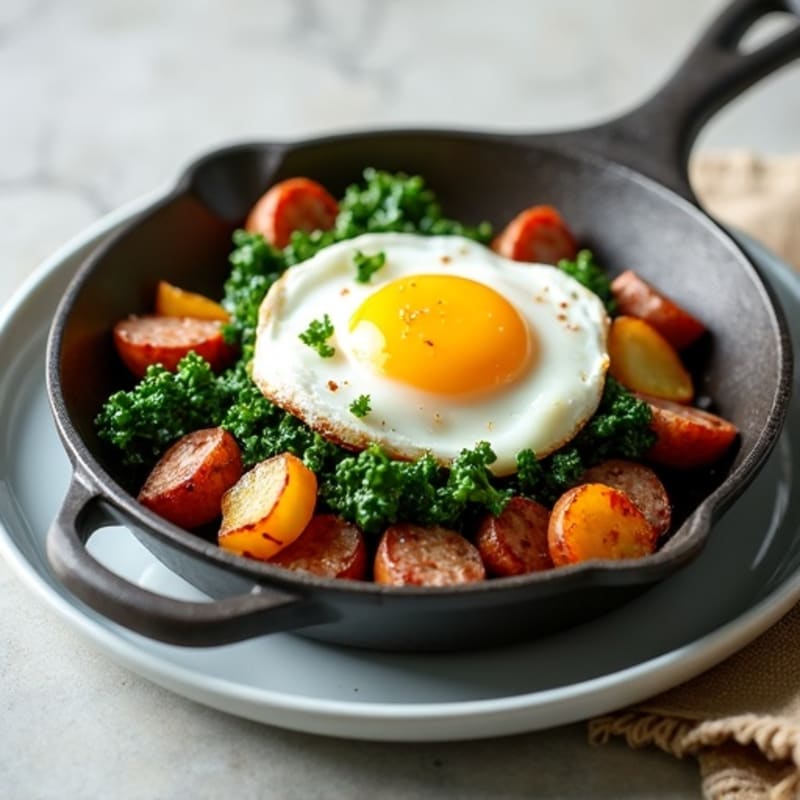 Lean Turkey Sausage and Crispy Potato Skillet with Fresh Eggs and Sautéed Greens