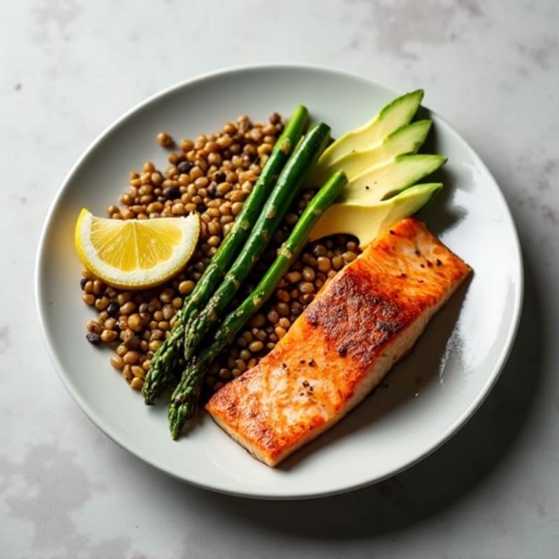 Seared Salmon Fillet with Lentil Salad and Steamed Asparagus