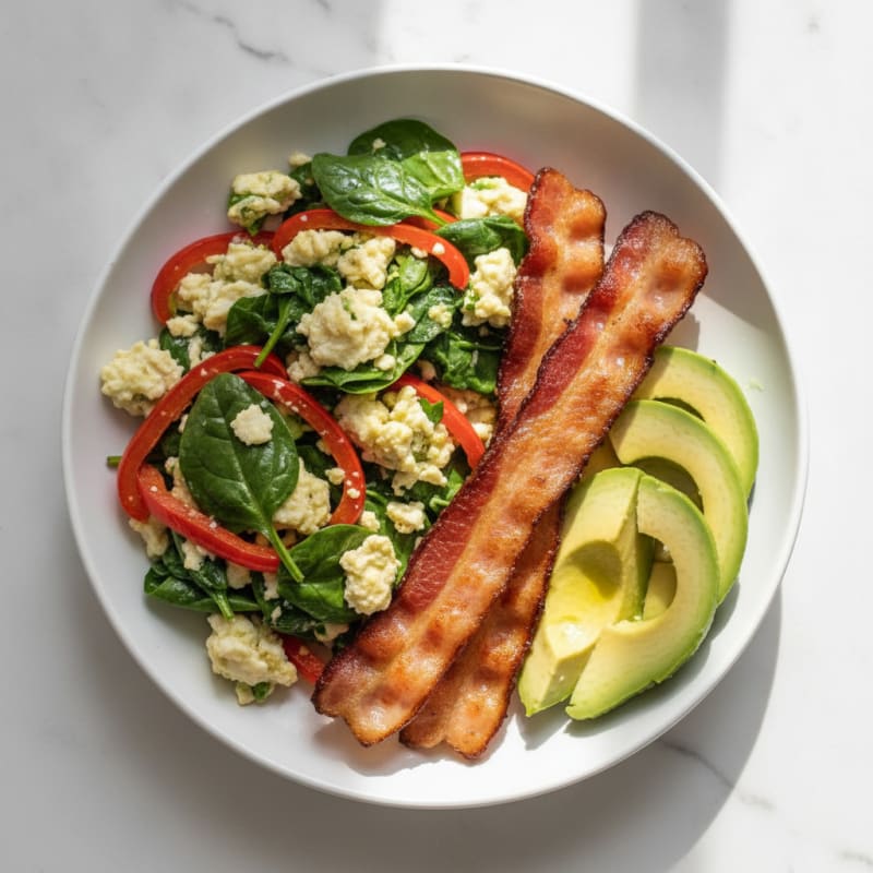 Egg White Veggie Scramble with Grilled Turkey Bacon