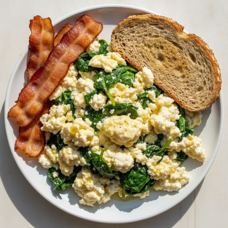 Cottage Cheese Scramble with Spinach and Turkey Bacon