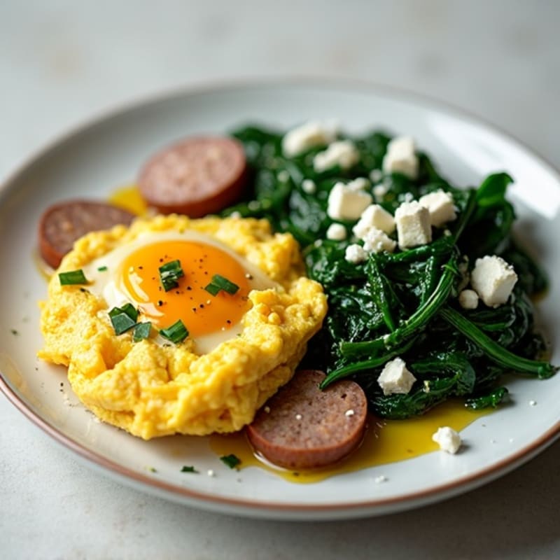 Egg White and Turkey Sausage Scramble with Sautéed Spinach