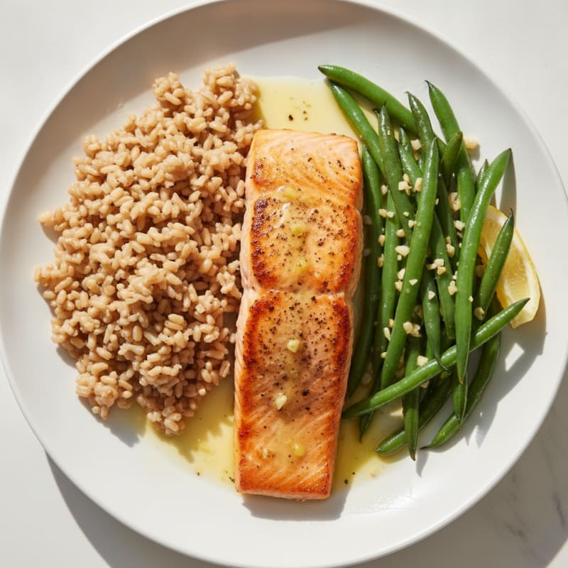 Seared Salmon with Garlic Green Beans and Brown Rice