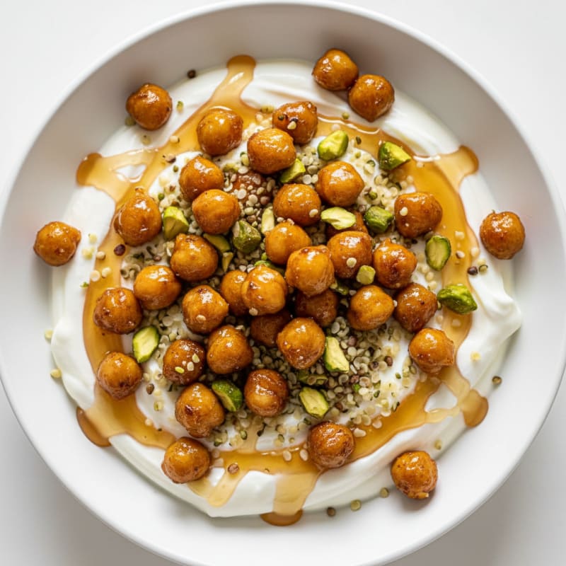 Creamy Greek Yogurt Bowl with Honey Roasted Chickpeas and Pistachios