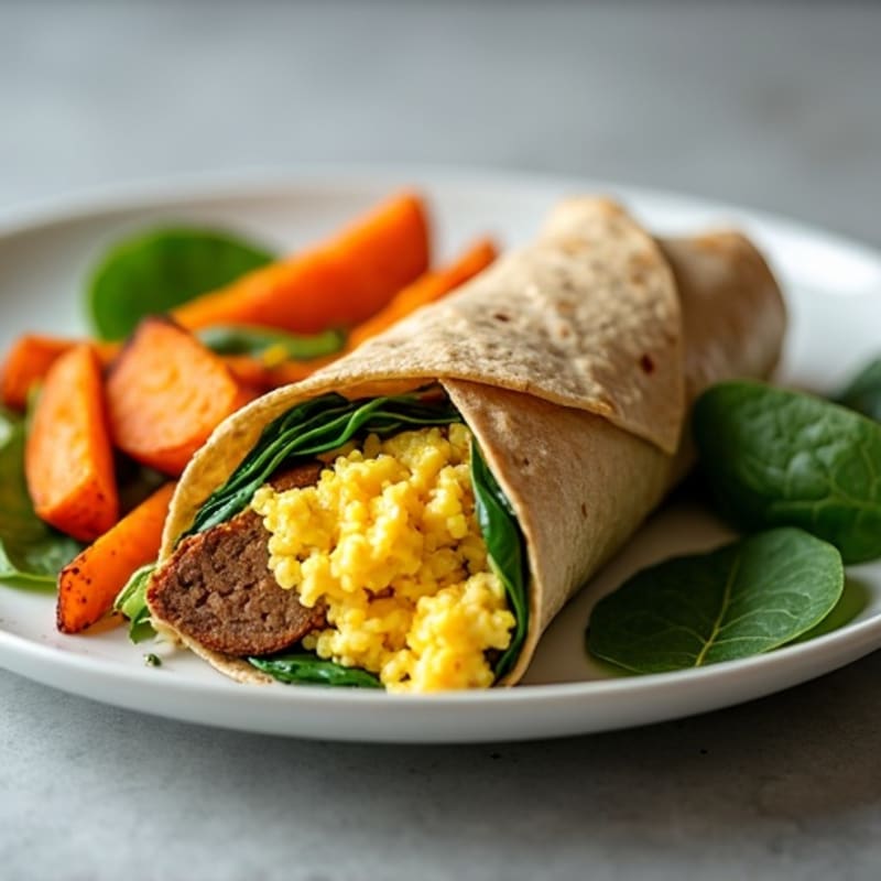 Lean Turkey Sausage and Scrambled Egg Burrito with Crispy Sweet Potatoes and Fresh Spinach