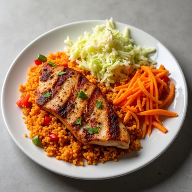 Spiced Tomato Jollof Rice with Herb-Roasted Chicken and Fresh Citrus Slaw