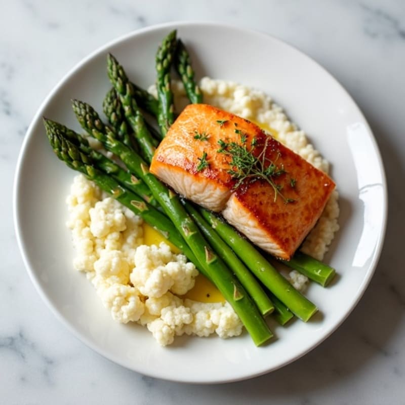 Seared Salmon with Steamed Asparagus and Cauliflower Mash