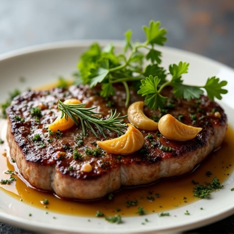 Herb-Crusted Pan-Seared Steak with Roasted Garlic