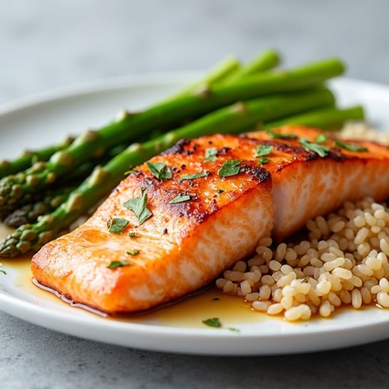 Seared Salmon Fillet with Steamed Asparagus and Brown Rice