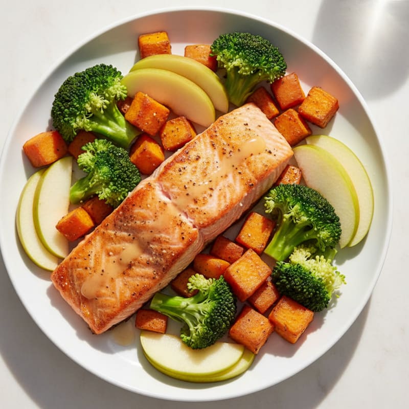 Seared Salmon with Steamed Broccoli and Roasted Sweet Potato