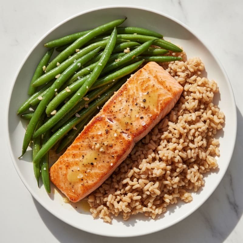 Seared Salmon with Garlic Green Beans and Brown Rice