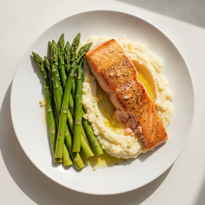 Seared Salmon with Steamed Asparagus and Cauliflower Mash