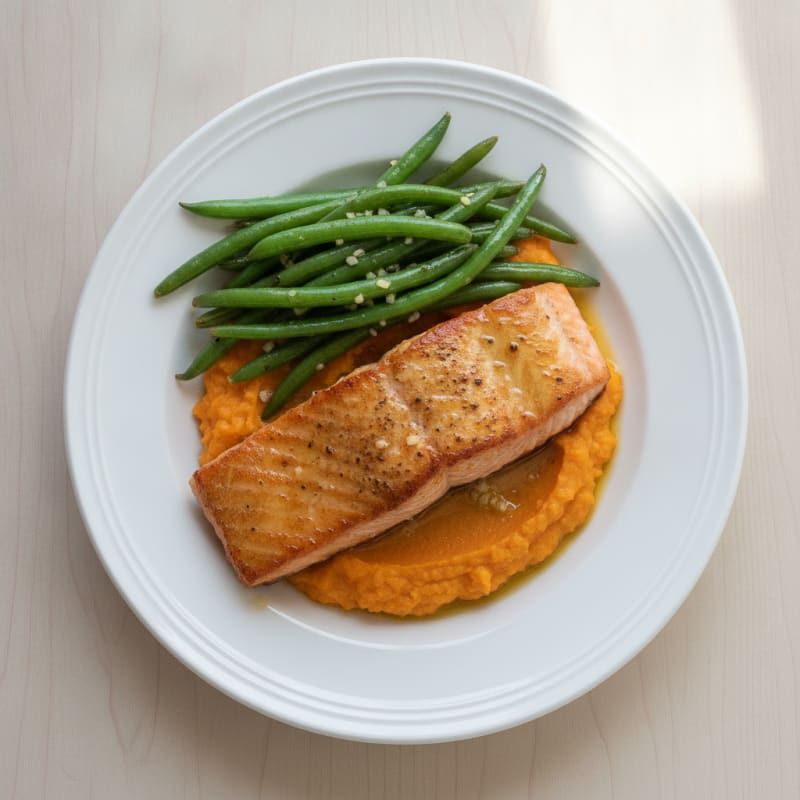 Seared Salmon Filet with Garlic Green Beans and Sweet Potato Mash