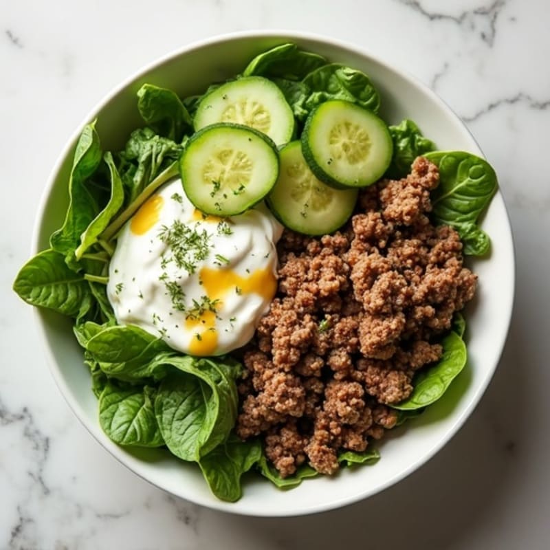 Lean Ground Beef Protein Bowl with Fresh Greens and Creamy Dill Pickle Dressing