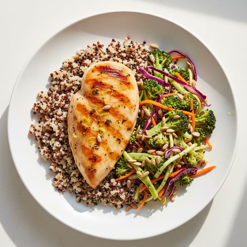 Grilled Chicken Breast with Quinoa and Crunchy Broccoli Slaw
