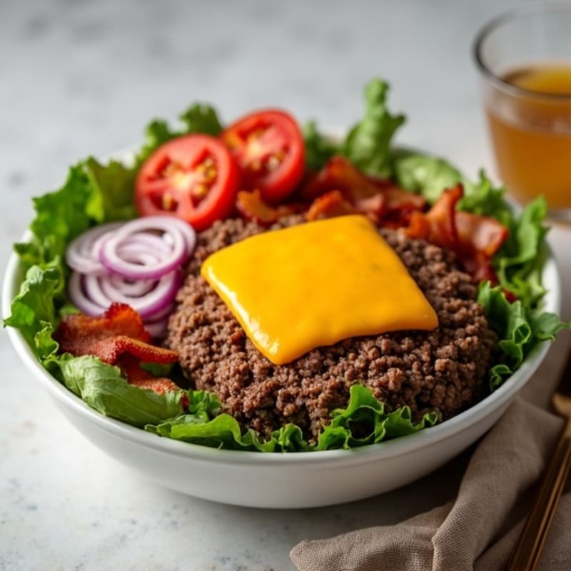 Hearty Lean Ground Beef Burger Bowl with Crispy Bacon and Creamy Cheddar