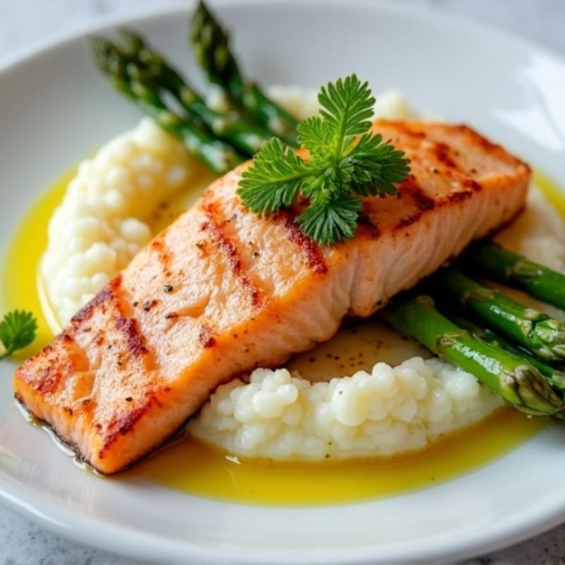 Seared Salmon with Lemon Asparagus and Cauliflower Mash