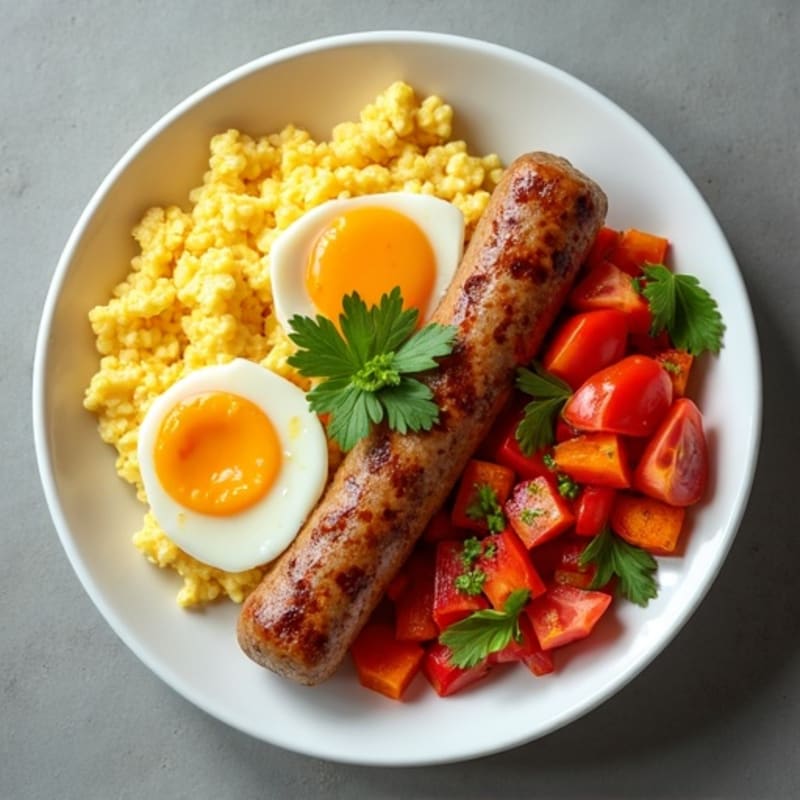 Scrambled Eggs with Turkey Sausage and Roasted Sweet Potato (Mexican Bowl Style)