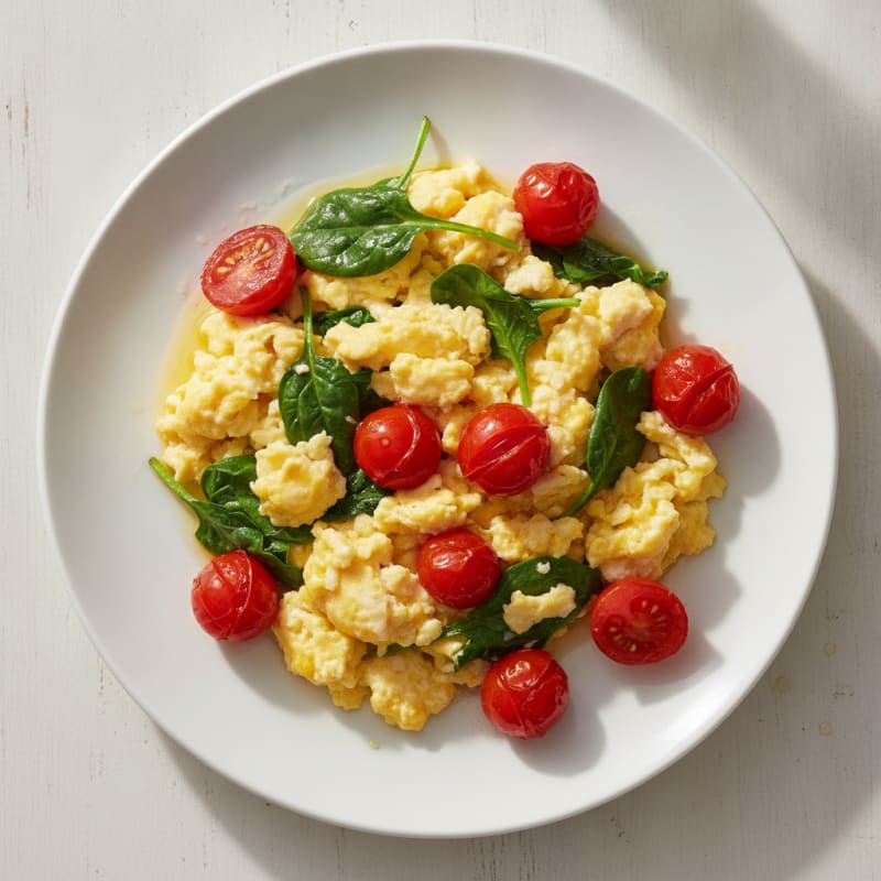 Scrambled Eggs with Sautéed Spinach and Cherry Tomatoes