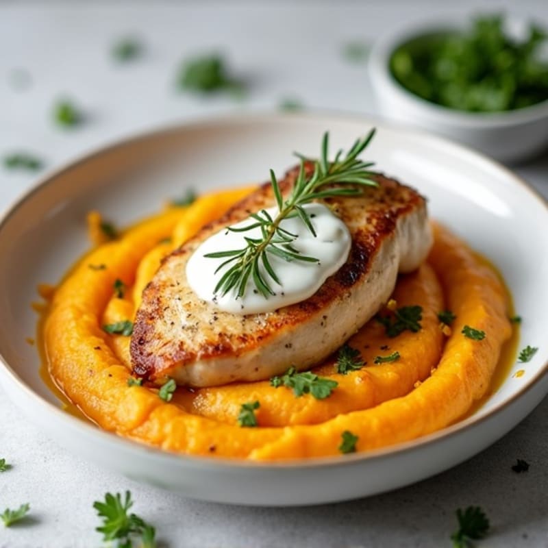 Creamy Herb-Roasted Chicken with Golden Sweet Potato Puree