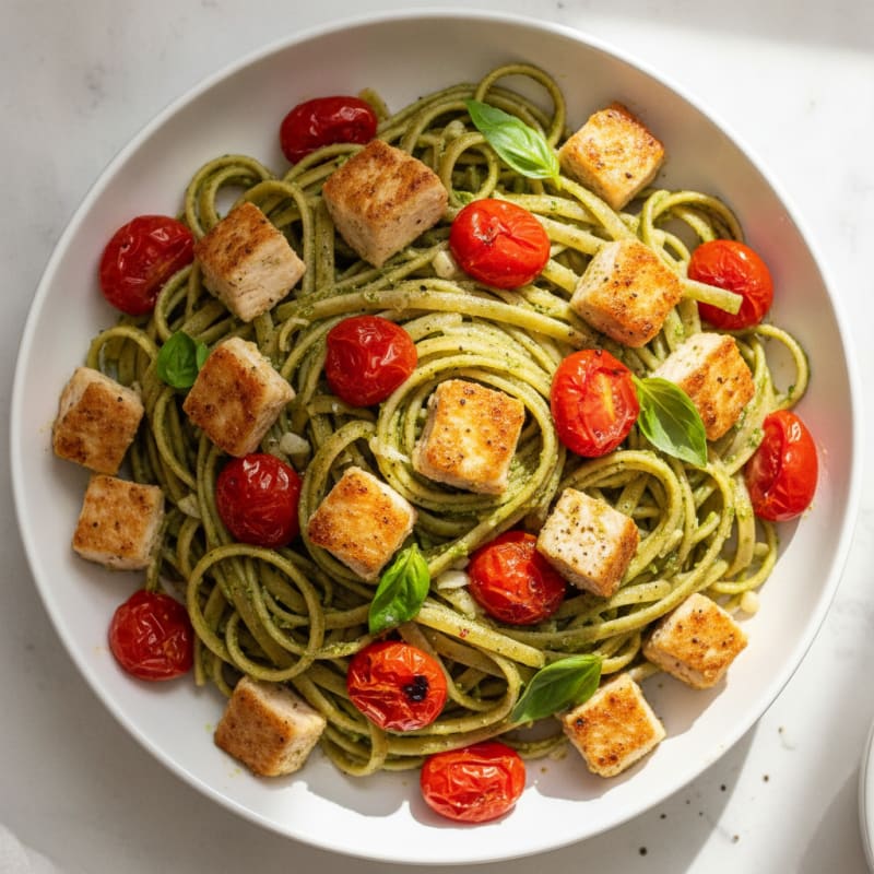 Pesto Chicken Linguine with Blistered Tomatoes