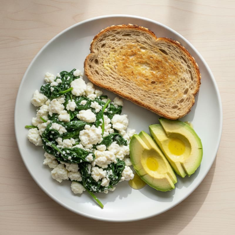Scrambled Egg Whites with Cottage Cheese and Sautéed Spinach