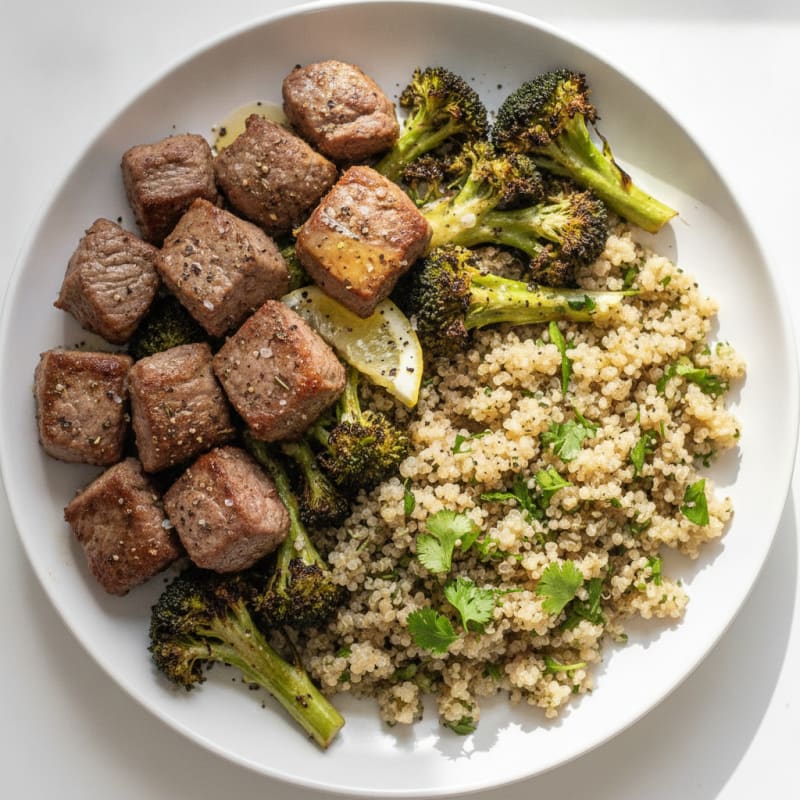 Air-Fried Steak with Herby Quinoa and Broccoli