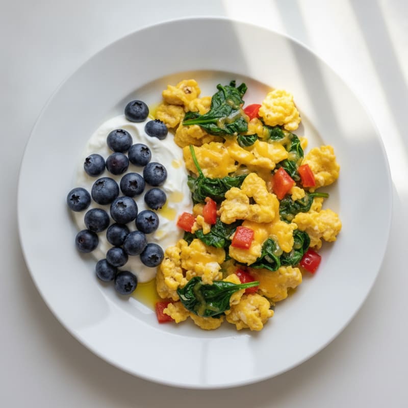 Egg and Cheese Veggie Scramble with Greek Yogurt and Berries