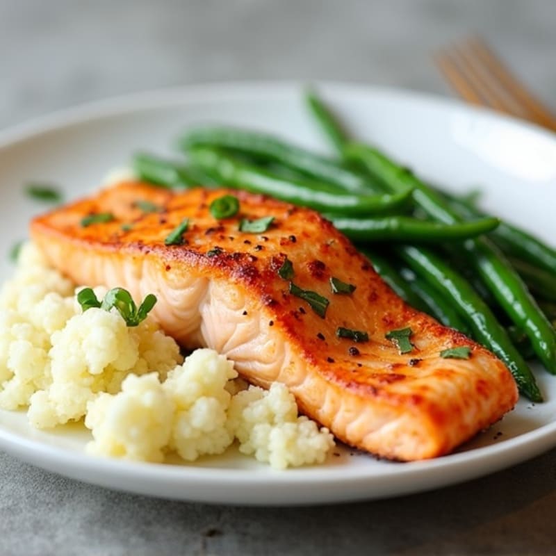 Seared Salmon Fillet with Steamed Green Beans and Garlic Mashed Cauliflower