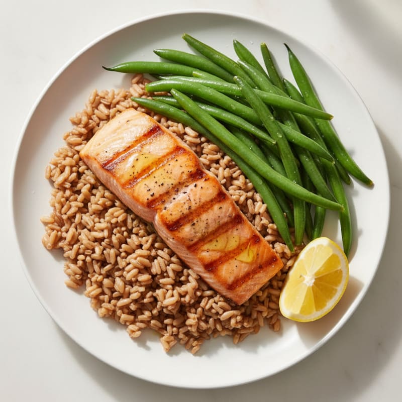 Seared Salmon Fillet with Steamed Green Beans and Brown Rice