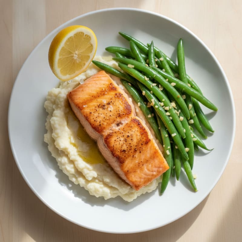 Seared Salmon with Garlic Green Beans and Cauliflower Mash