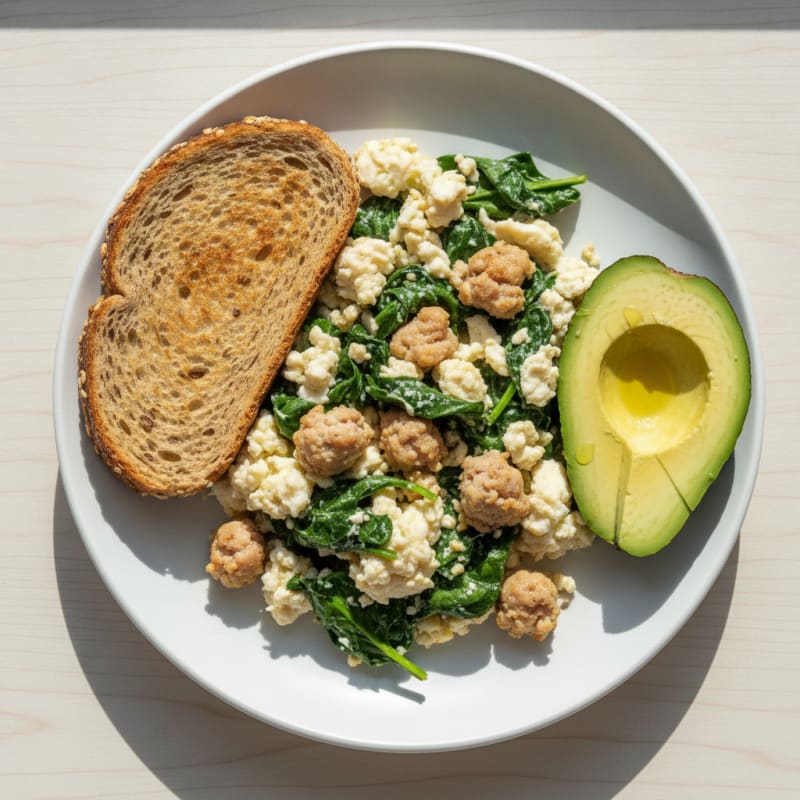 Egg White and Turkey Sausage Scramble with Sautéed Spinach